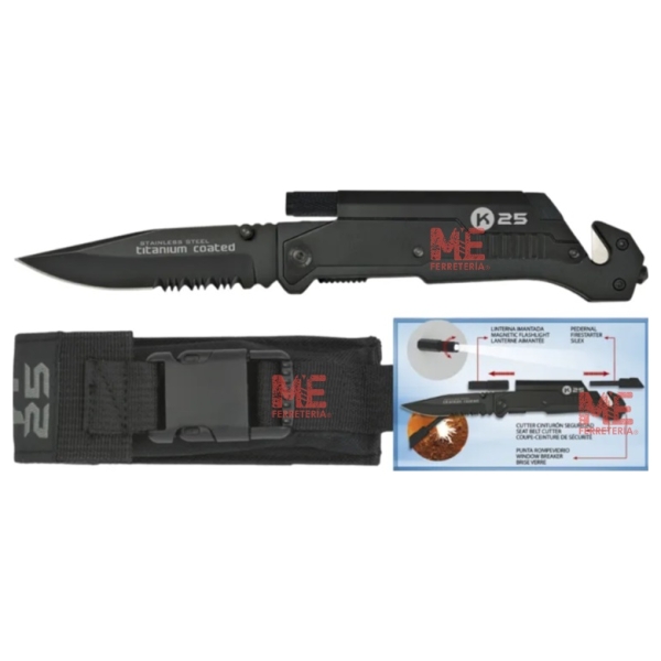 Cuchillo_Navaja_Táctico_K25_Negro_Con_linterna_Pedernal